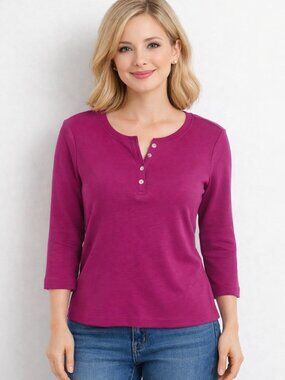 Karen Scott 3/4 Length Sleeve Magenta Henley Cotton Shirt, NWT, Size PP